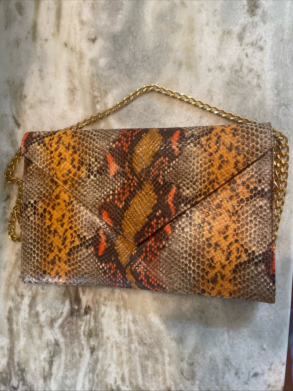Donald J Pliner Orange Brown Gold Crossbody Envelope Purse Snakeskin Signed Bag